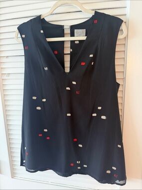 Jason Wu Black Sleeveless V-Neck Blouse with Red and White Dot Print